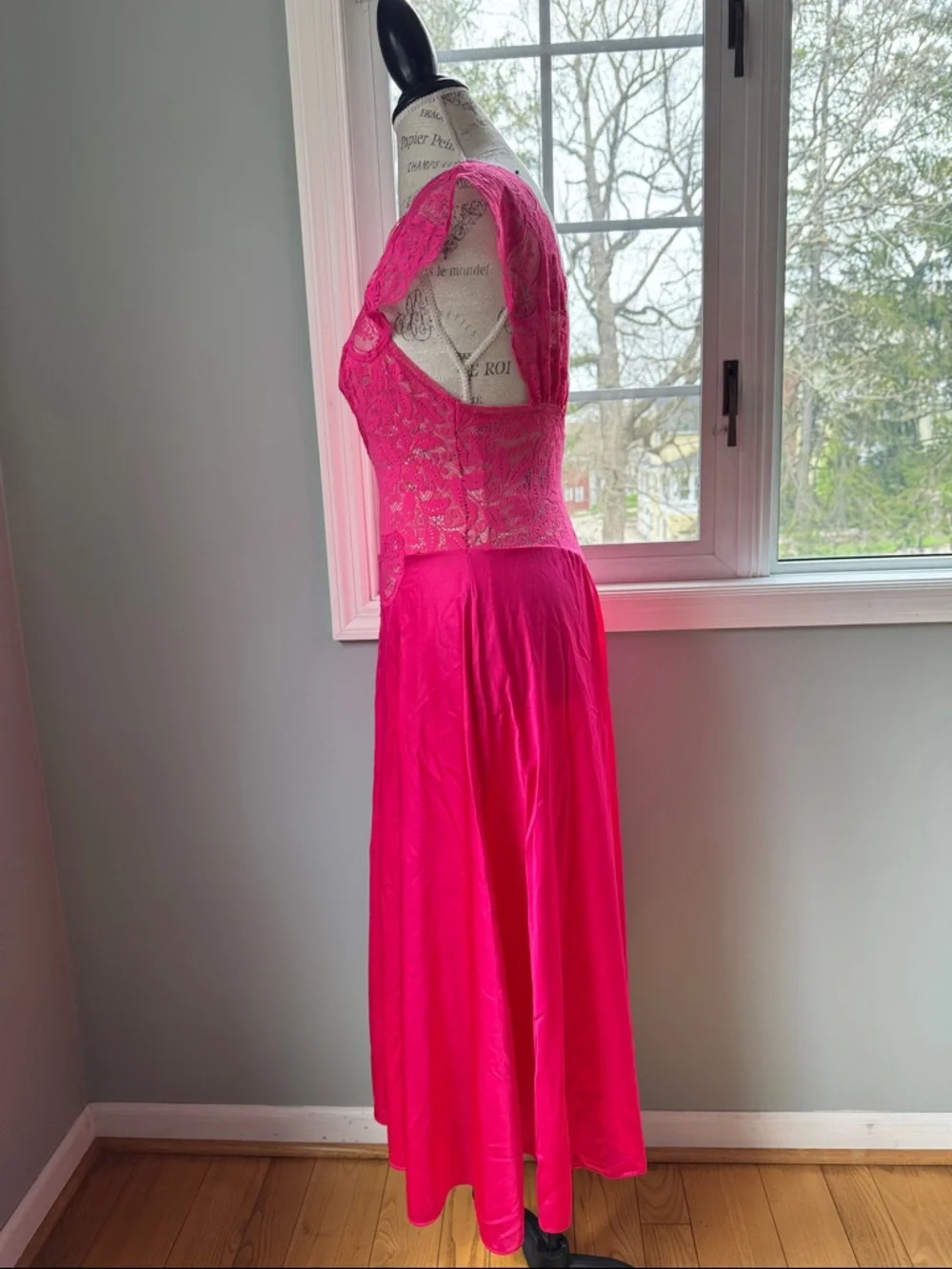 Olga for Vandemere lace spandex bodice gown midi blooming azalea‎ pink EUC S/M